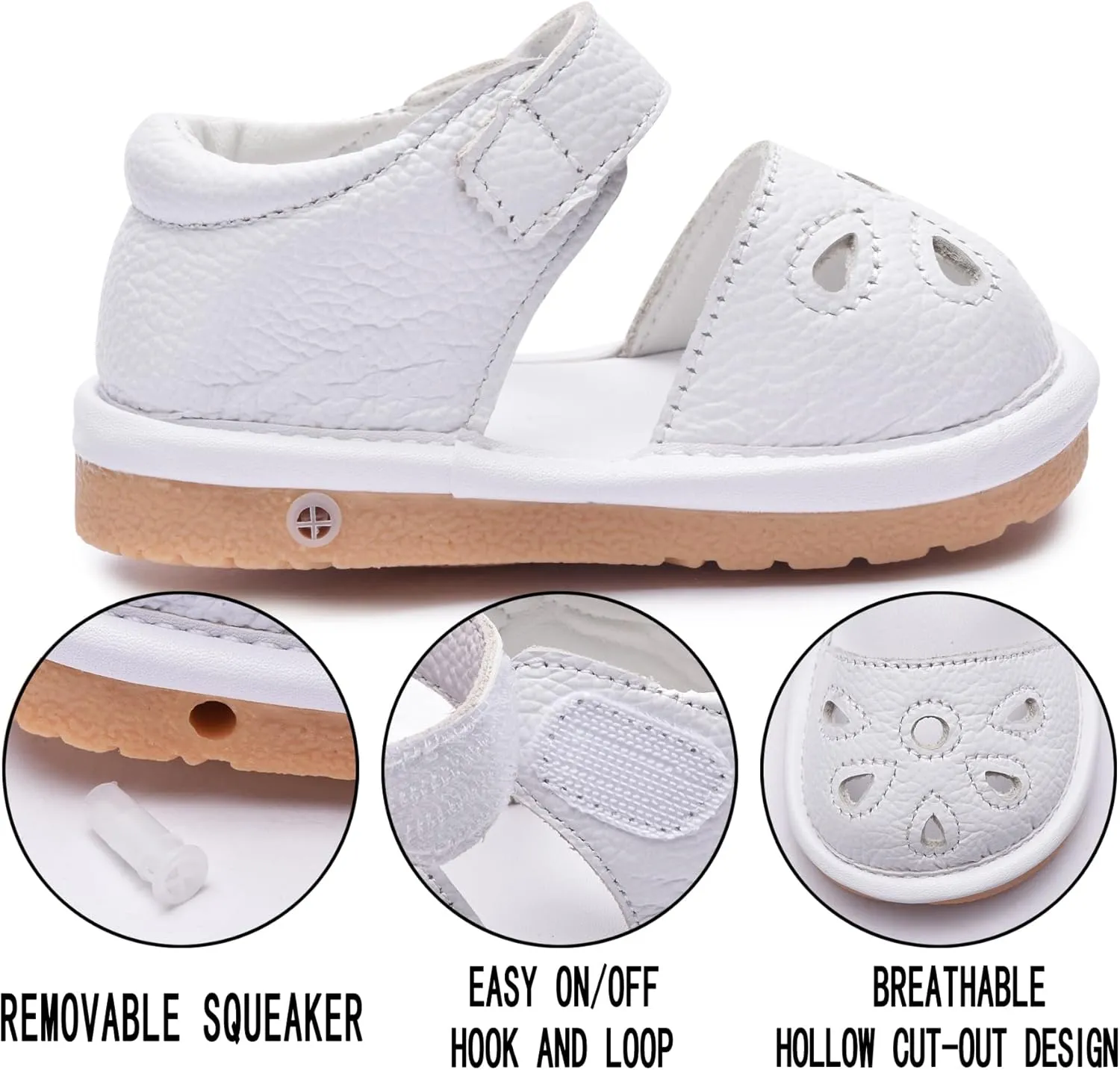 Toddler Girls Squeaky Shoes Flower Punch Baby Mary Jane Flats Sandals (Removable Squeakers)