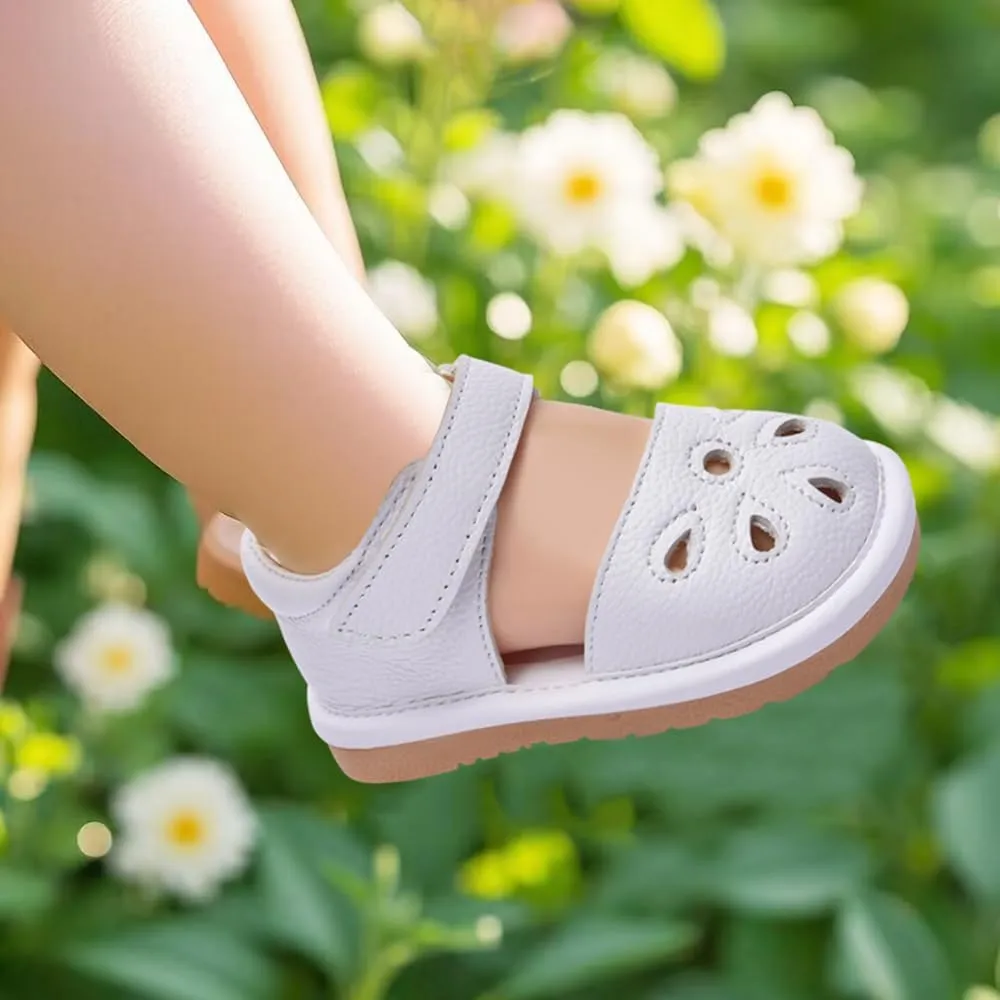 Toddler Girls Squeaky Shoes Flower Punch Baby Mary Jane Flats Sandals (Removable Squeakers)