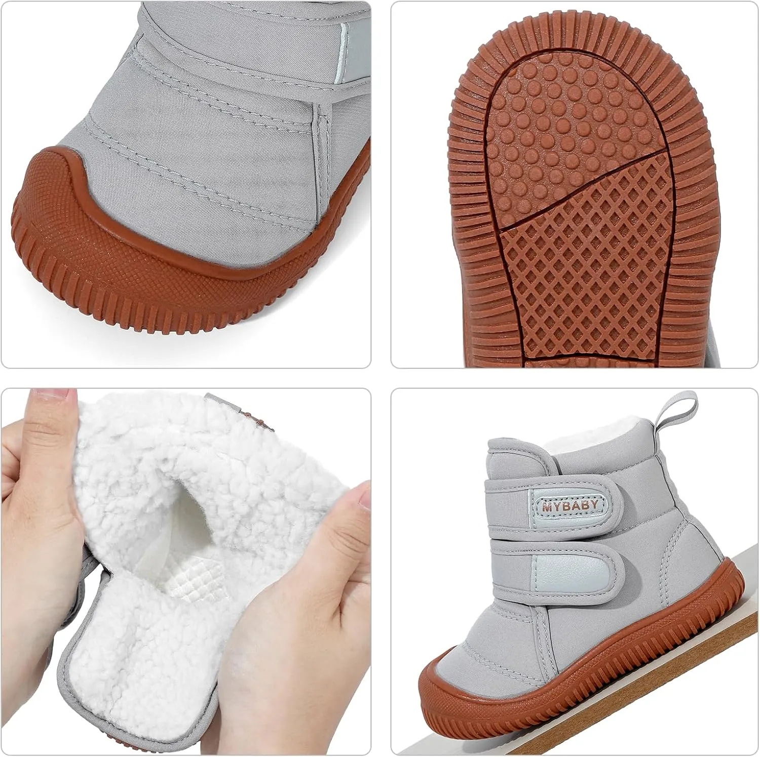 Toddler Snow Boots Double Strap Winter Warm Shoes Baby Faux Fur Lining Soft Fleece Booties with Non-Slip Sole