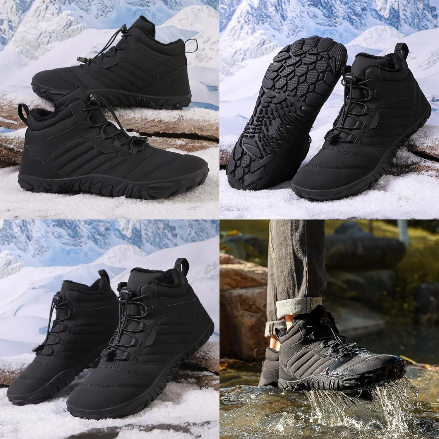 Unisex Winter Snow Sneakers - Solid Color, Slip-Resistant, Warm Fabric-Lined Mesh Upper, Rubber Sole, Cushioned Fabric Insole, Hiking and Walking Shoes for Men and Women