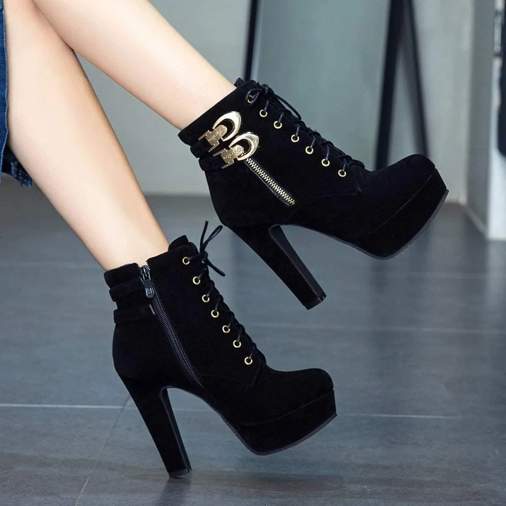 UOQAPRE Womens Ankle High Heel Boots Platform Wedges Chunky High Heels for Women Lace Up Ankle Booties Winter Shoes