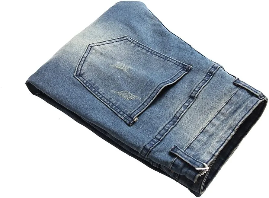 utcoco Men's Slim Fit Mid Waist Straight Leg Ripped Distressed Holes Classic Denim Patches Jeans