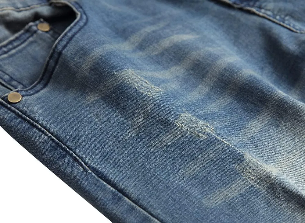 utcoco Men's Slim Fit Mid Waist Straight Leg Ripped Distressed Holes Classic Denim Patches Jeans