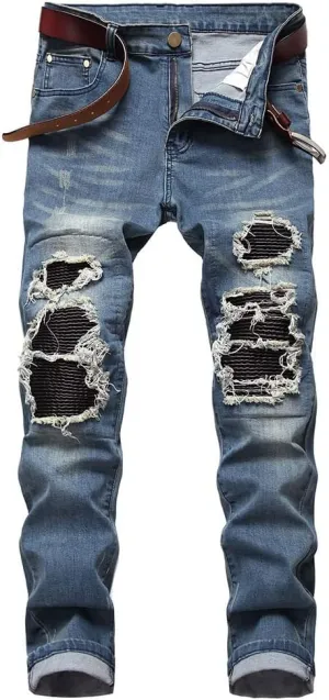 utcoco Men's Slim Fit Mid Waist Straight Leg Ripped Distressed Holes Classic Denim Patches Jeans