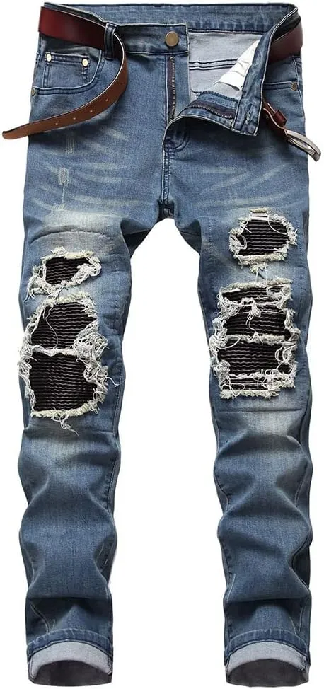 utcoco Men's Slim Fit Mid Waist Straight Leg Ripped Distressed Holes Classic Denim Patches Jeans