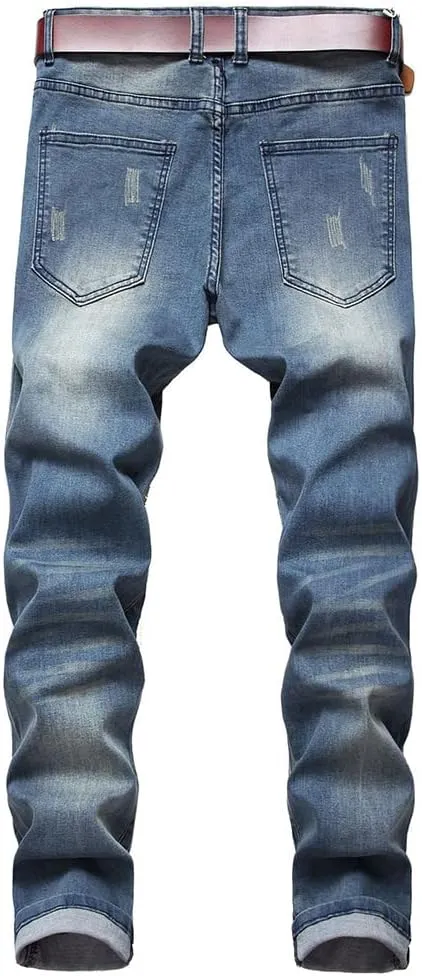 utcoco Men's Slim Fit Mid Waist Straight Leg Ripped Distressed Holes Classic Denim Patches Jeans