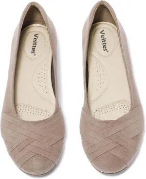 Veittes Women's Wide Width Flat Shoes, Comfortable Casual Round Toe Classy Design Ballet Flats.