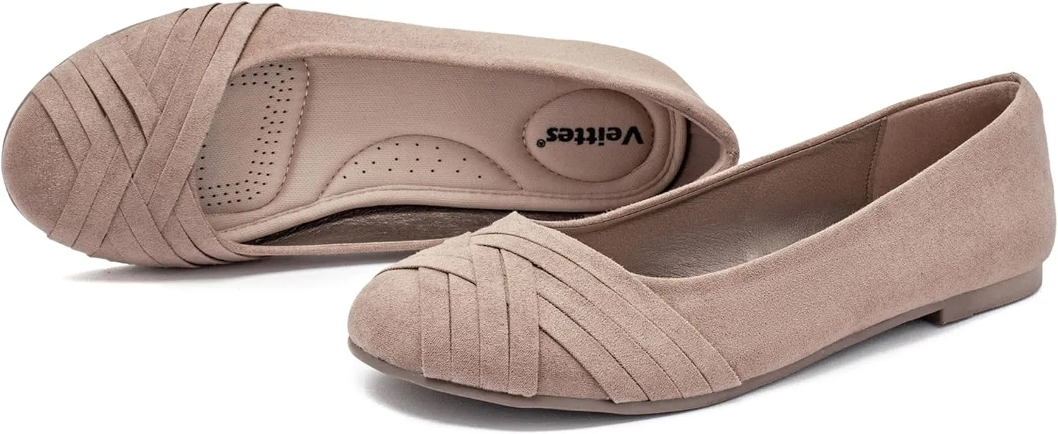 Veittes Women's Wide Width Flat Shoes, Comfortable Casual Round Toe Classy Design Ballet Flats.
