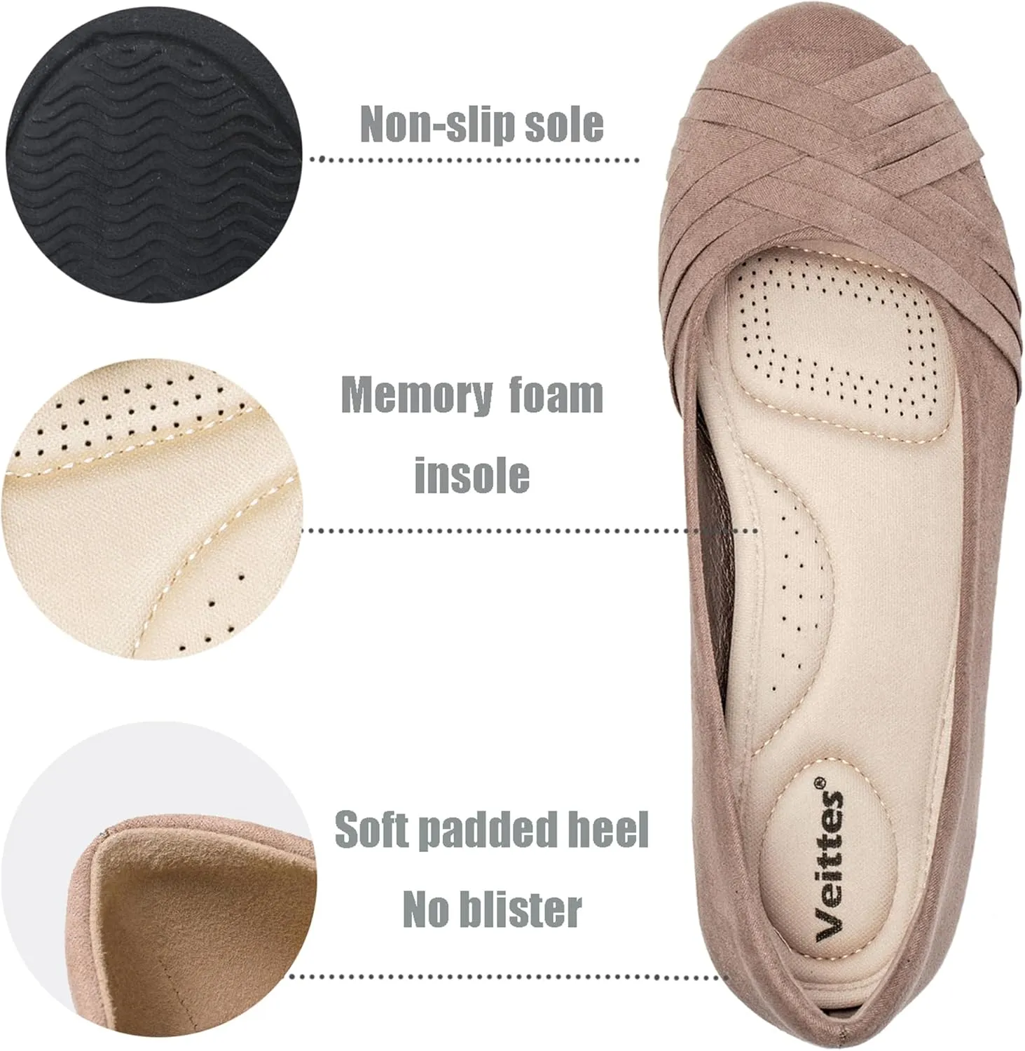 Veittes Women's Wide Width Flat Shoes, Comfortable Casual Round Toe Classy Design Ballet Flats.