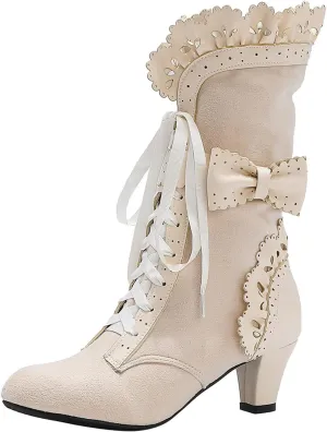 Victoria Boots for Women Halloween Christmas Party Lace High Heels Punk Mid Calf Booties Round Toe Suede Lace Up Vintage Boots for Cosplay Dress Pump Boots