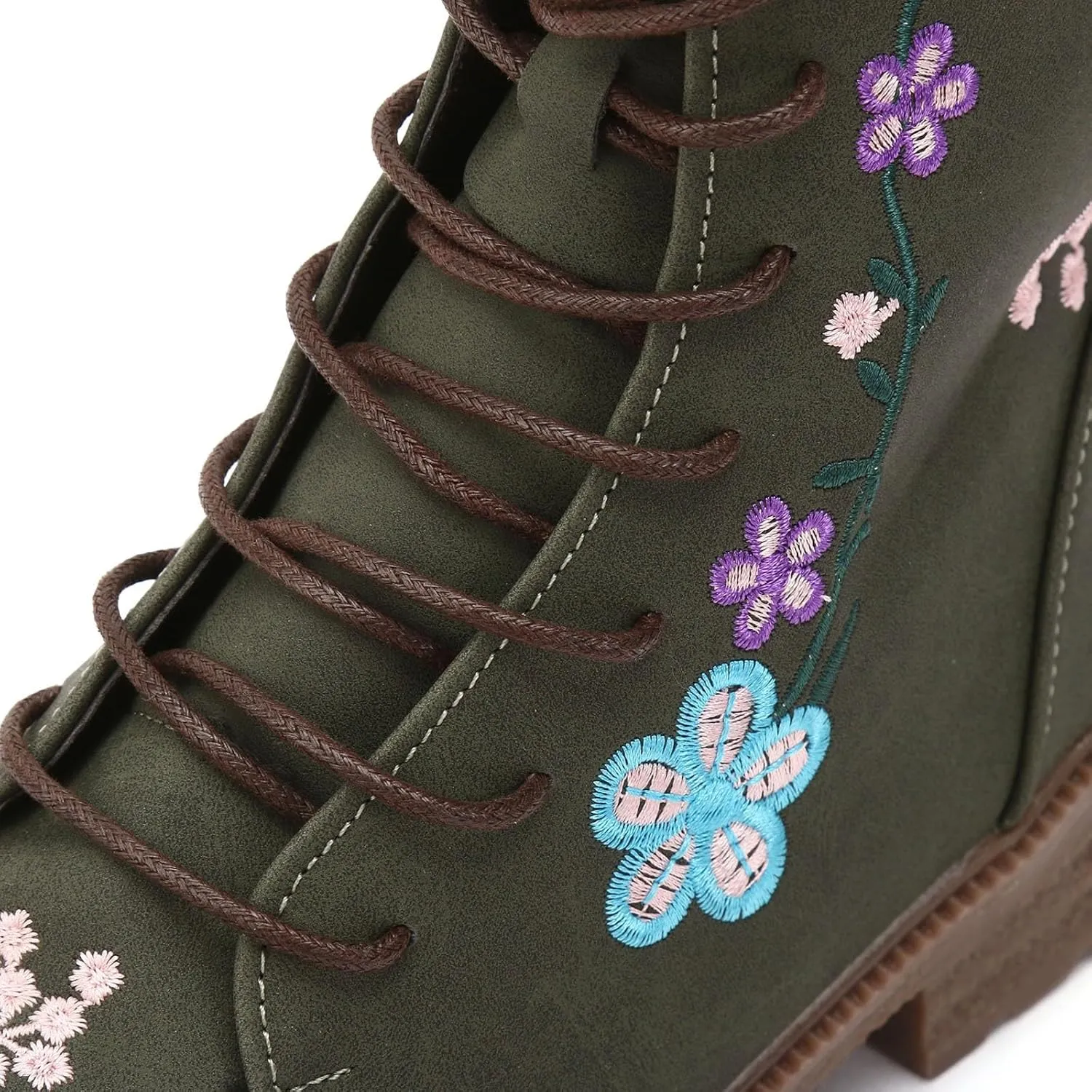 Vintage Combat Boots for Women - Floral Embroidered Suede - Lace Up Low Heel Riding Ankle Booties - 2024 Fall Winter Boots