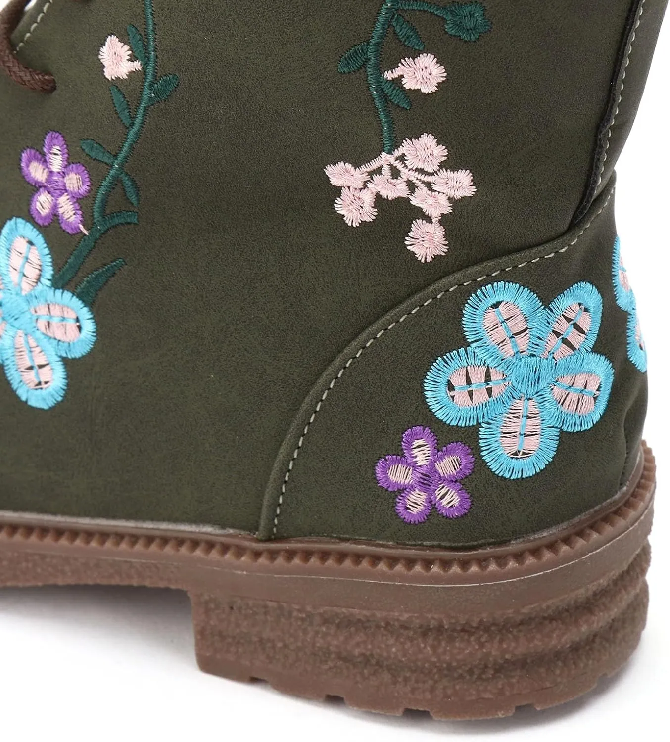 Vintage Combat Boots for Women - Floral Embroidered Suede - Lace Up Low Heel Riding Ankle Booties - 2024 Fall Winter Boots