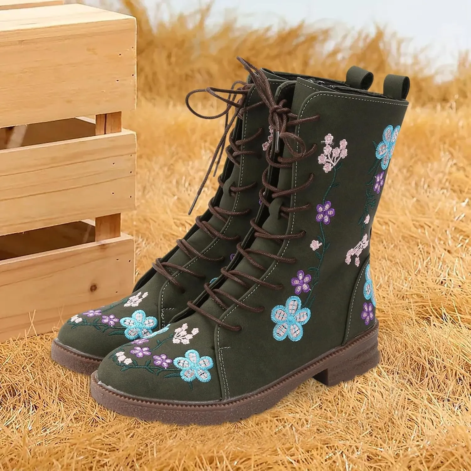 Vintage Combat Boots for Women - Floral Embroidered Suede - Lace Up Low Heel Riding Ankle Booties - 2024 Fall Winter Boots