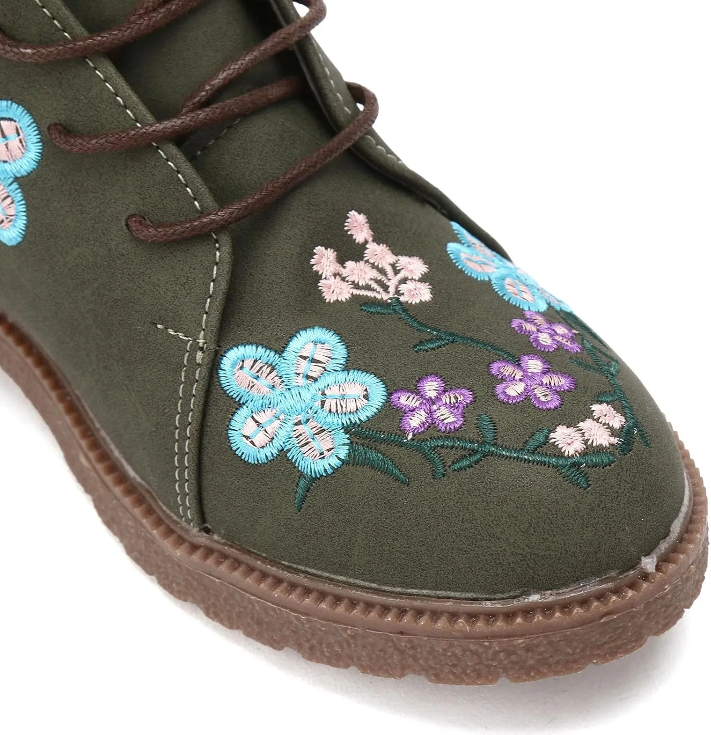 Vintage Combat Boots for Women - Floral Embroidered Suede - Lace Up Low Heel Riding Ankle Booties - 2024 Fall Winter Boots