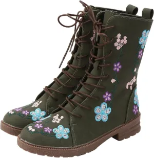 Vintage Combat Boots for Women - Floral Embroidered Suede - Lace Up Low Heel Riding Ankle Booties - 2024 Fall Winter Boots