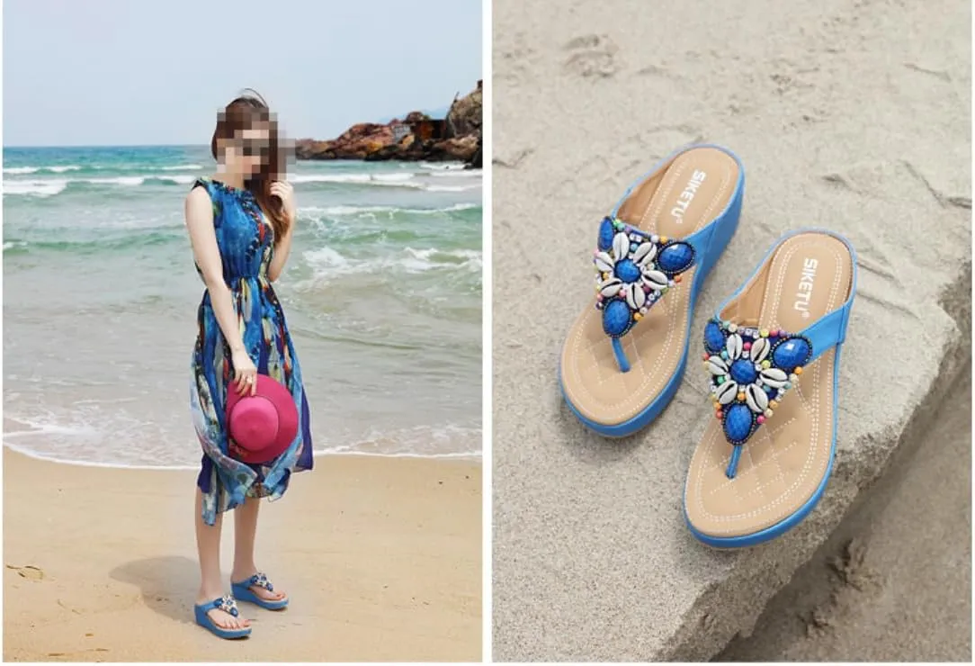 Vintage Ethnic Style Women's Sandals Bohemian Beach Casual Thick-soled Slippers Beaded Lightweight Slippers