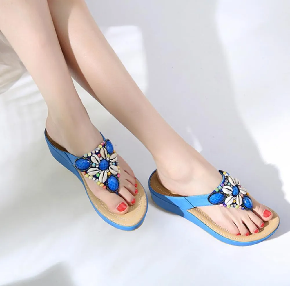 Vintage Ethnic Style Women's Sandals Bohemian Beach Casual Thick-soled Slippers Beaded Lightweight Slippers