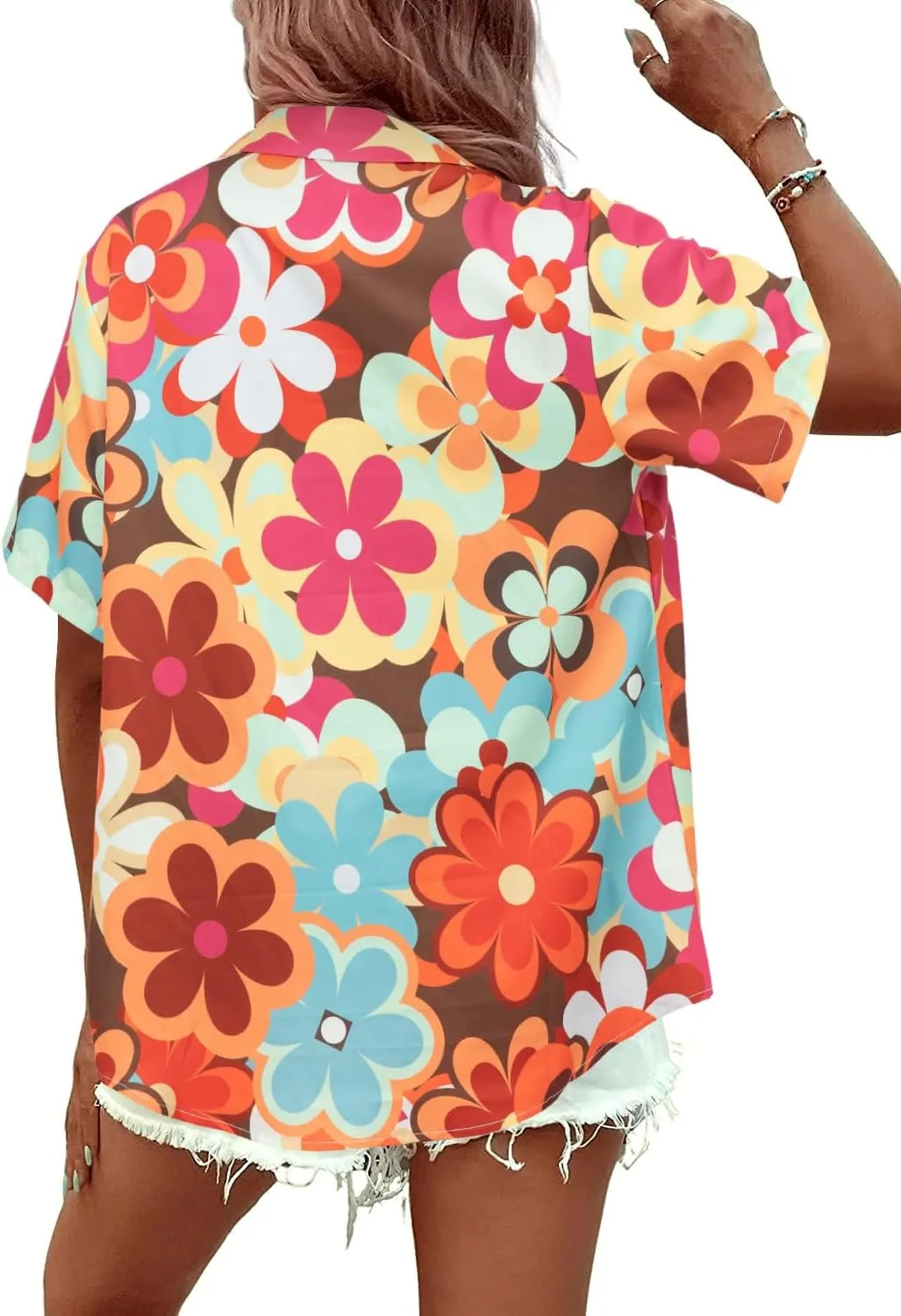 Vintage Hawaiian Shirt Woman 60s 70s Outfit Disco Hippie Party Shirts Floral Button Up Short Sleeve Tops
