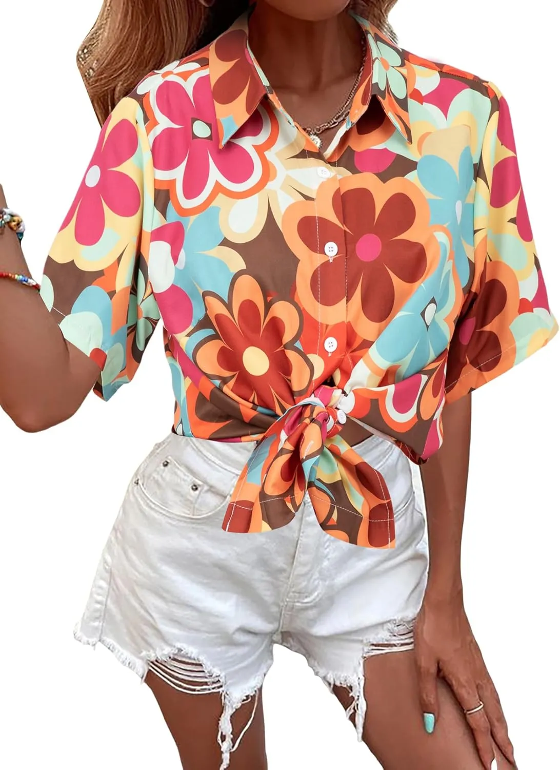 Vintage Hawaiian Shirt Woman 60s 70s Outfit Disco Hippie Party Shirts Floral Button Up Short Sleeve Tops