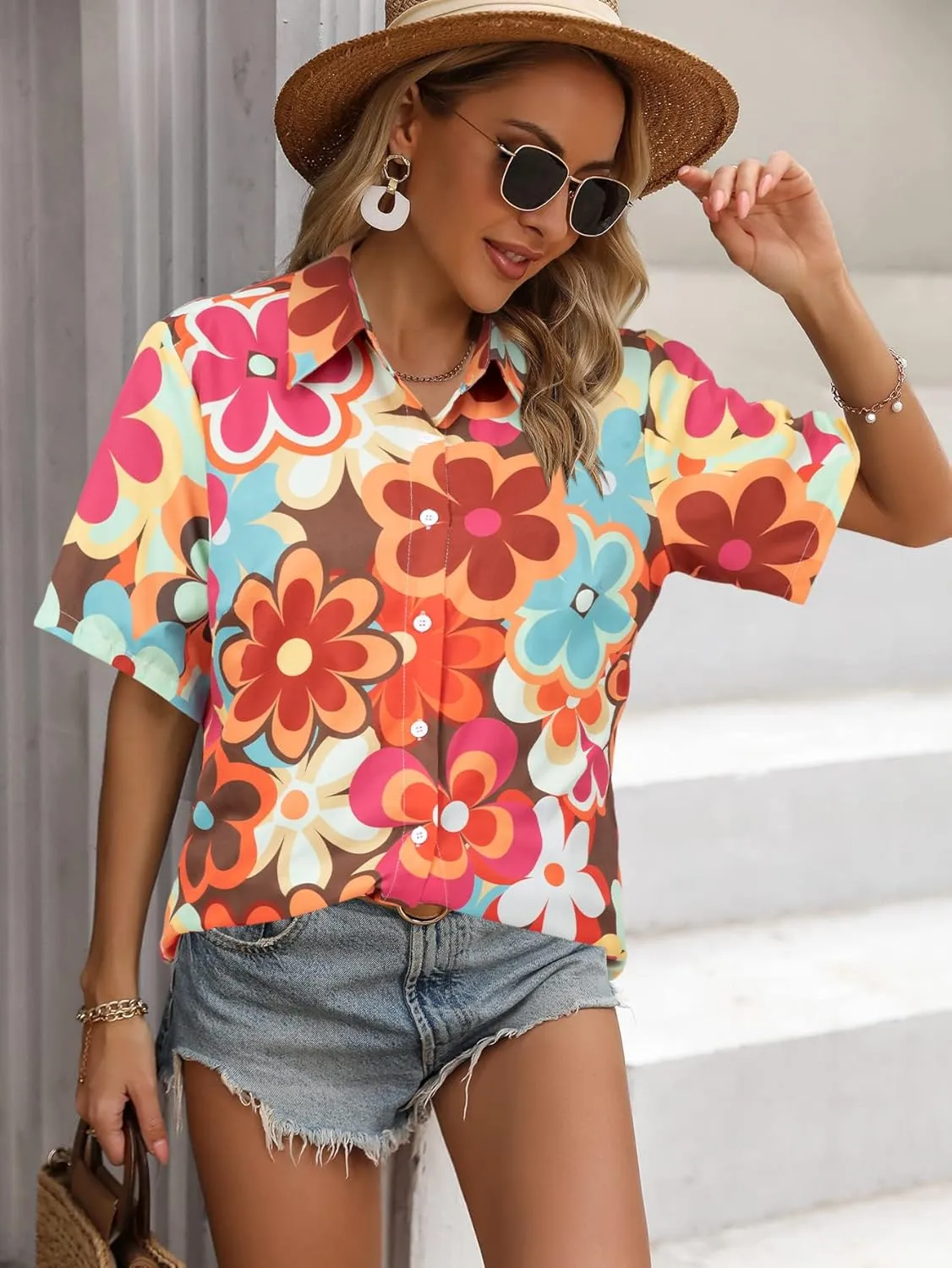 Vintage Hawaiian Shirt Woman 60s 70s Outfit Disco Hippie Party Shirts Floral Button Up Short Sleeve Tops