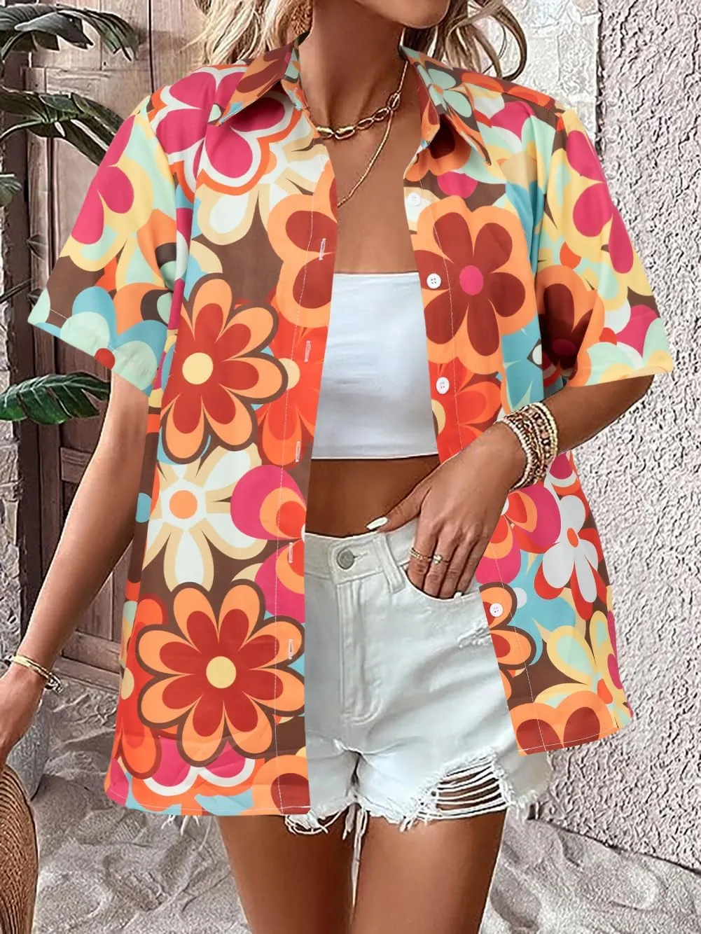Vintage Hawaiian Shirt Woman 60s 70s Outfit Disco Hippie Party Shirts Floral Button Up Short Sleeve Tops