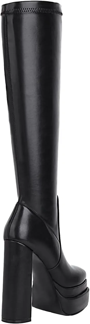 vivianly Women's Platform Knee High Boots Square Toe Chunky Heel Long Stretch Gogo Boots with Side Zipper