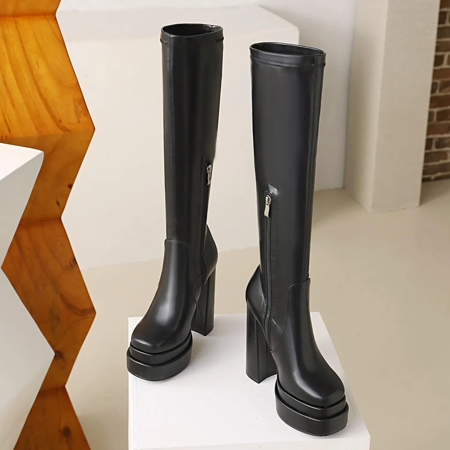 vivianly Women's Platform Knee High Boots Square Toe Chunky Heel Long Stretch Gogo Boots with Side Zipper