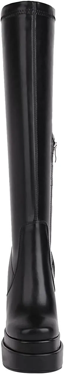 vivianly Women's Platform Knee High Boots Square Toe Chunky Heel Long Stretch Gogo Boots with Side Zipper