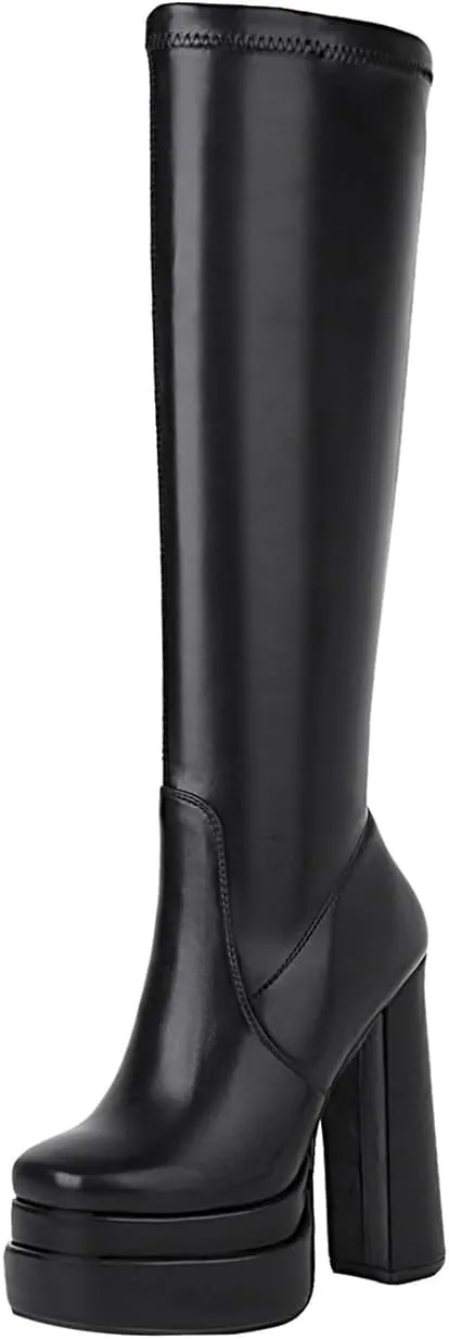 vivianly Women's Platform Knee High Boots Square Toe Chunky Heel Long Stretch Gogo Boots with Side Zipper
