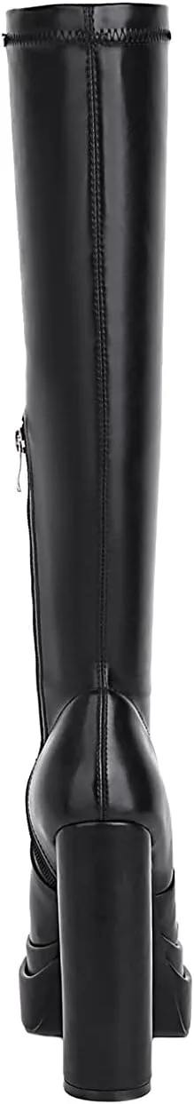 vivianly Women's Platform Knee High Boots Square Toe Chunky Heel Long Stretch Gogo Boots with Side Zipper