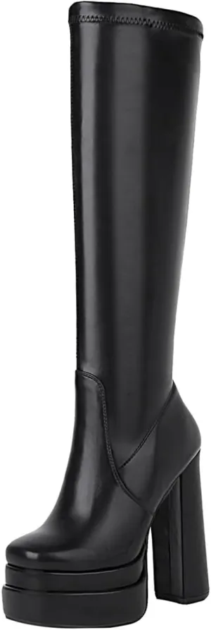 vivianly Women's Platform Knee High Boots Square Toe Chunky Heel Long Stretch Gogo Boots with Side Zipper