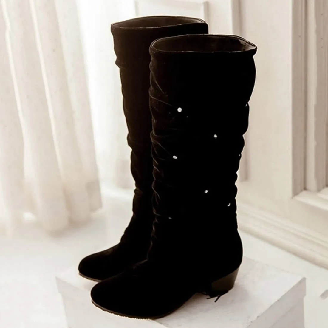 VOKLIN Women's Fashion Slouch Mid Calf Riding Boots With Rhinestone Round Toe Suede Cozy Low Heel Dress Boot