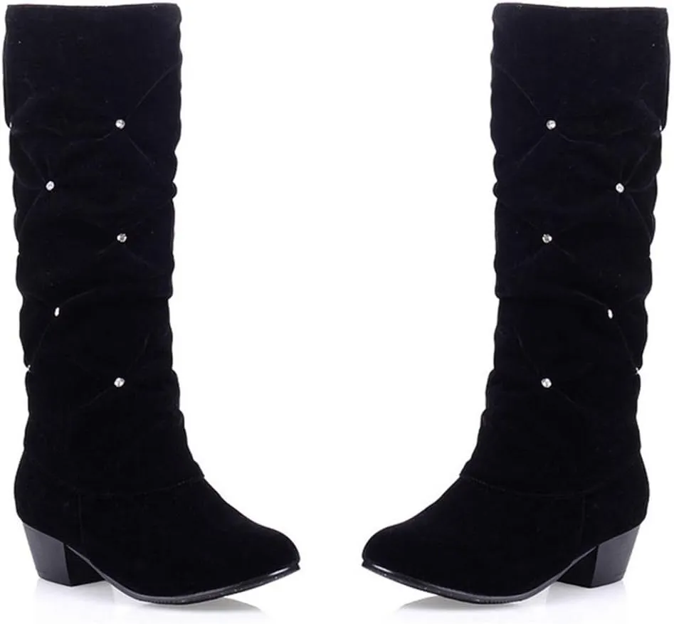 VOKLIN Women's Fashion Slouch Mid Calf Riding Boots With Rhinestone Round Toe Suede Cozy Low Heel Dress Boot