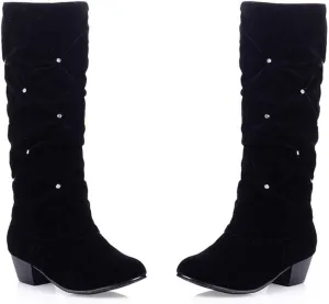 VOKLIN Women's Fashion Slouch Mid Calf Riding Boots With Rhinestone Round Toe Suede Cozy Low Heel Dress Boot