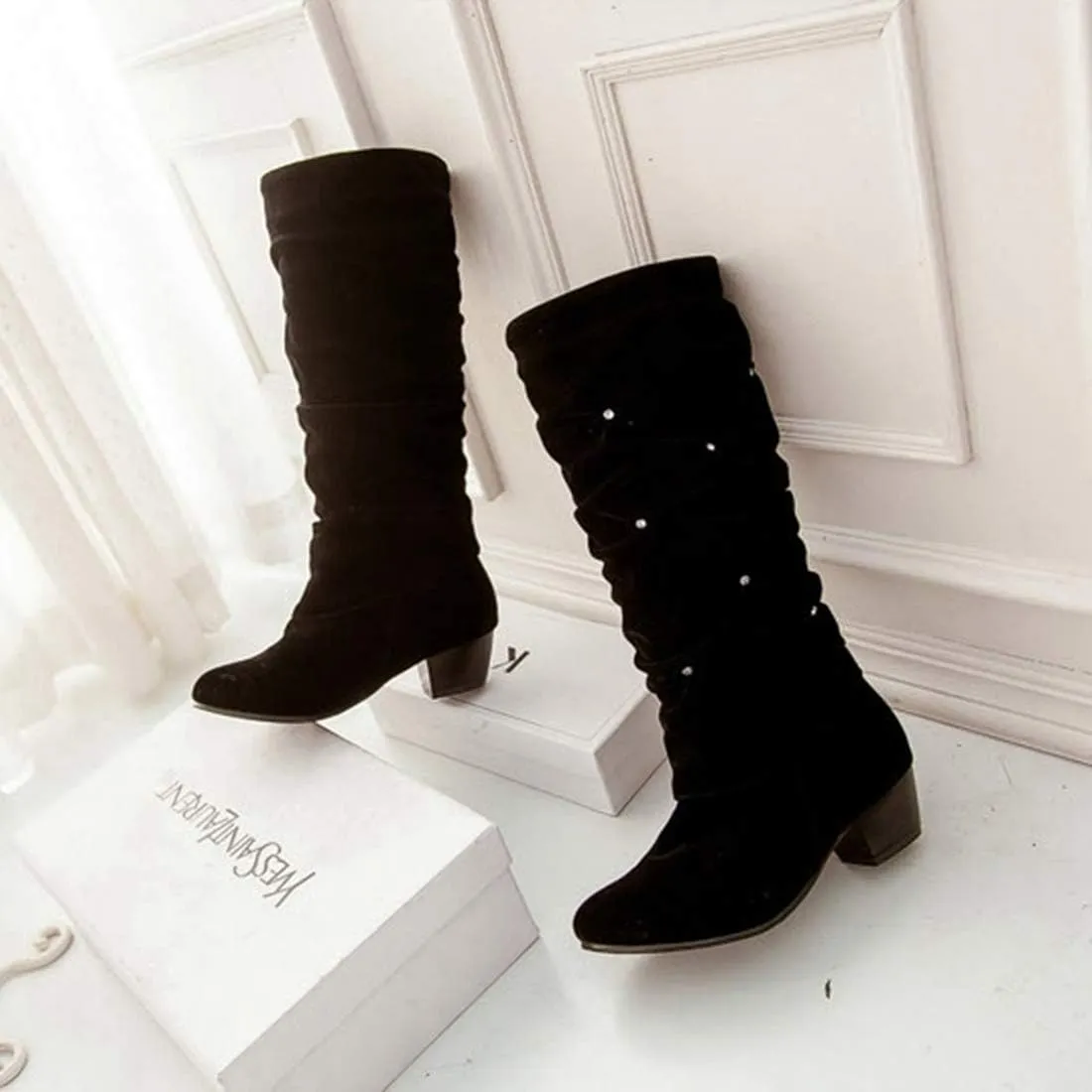 VOKLIN Women's Fashion Slouch Mid Calf Riding Boots With Rhinestone Round Toe Suede Cozy Low Heel Dress Boot