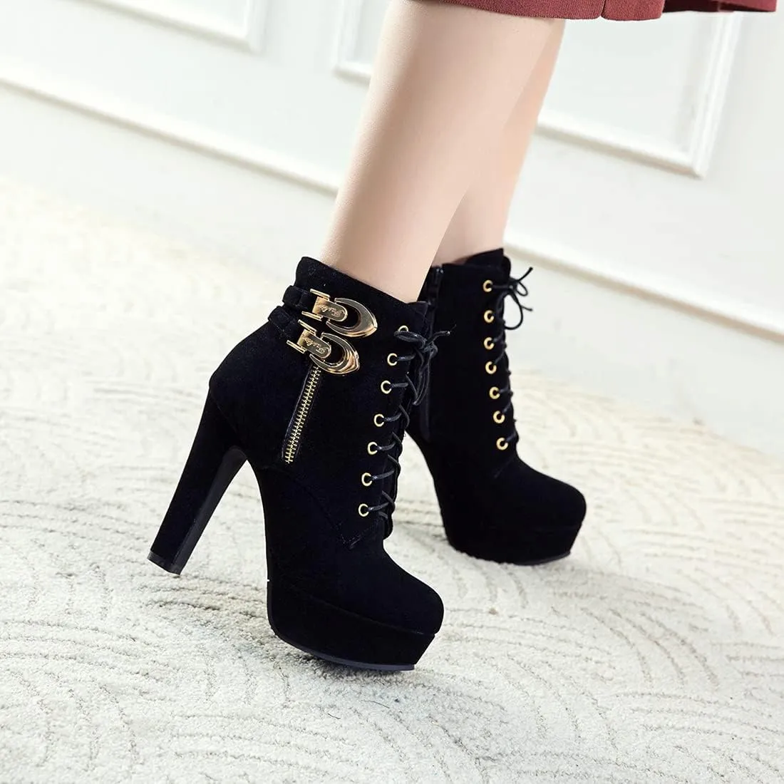 VOKLIN Women's Platform High Heel Ankle Boots Fashion Metallic Round Toe Lace Up Zipper Dressy Short Booties
