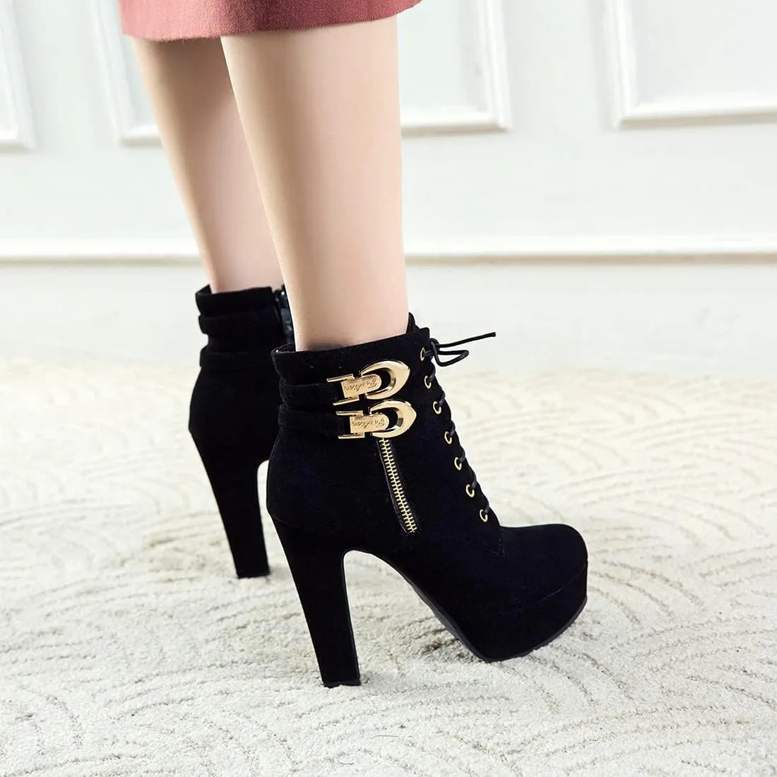 VOKLIN Women's Platform High Heel Ankle Boots Fashion Metallic Round Toe Lace Up Zipper Dressy Short Booties