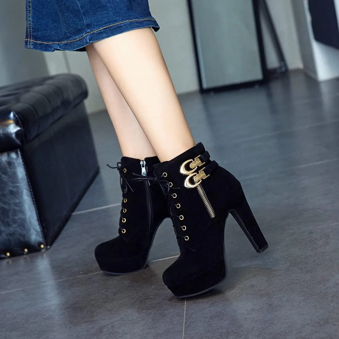 VOKLIN Women's Platform High Heel Ankle Boots Fashion Metallic Round Toe Lace Up Zipper Dressy Short Booties