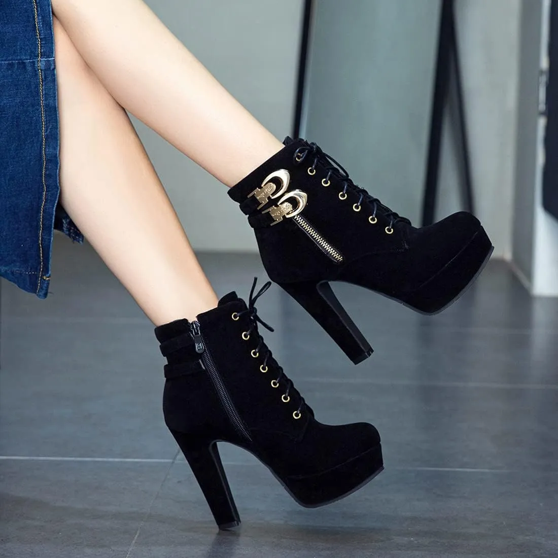 VOKLIN Women's Platform High Heel Ankle Boots Fashion Metallic Round Toe Lace Up Zipper Dressy Short Booties