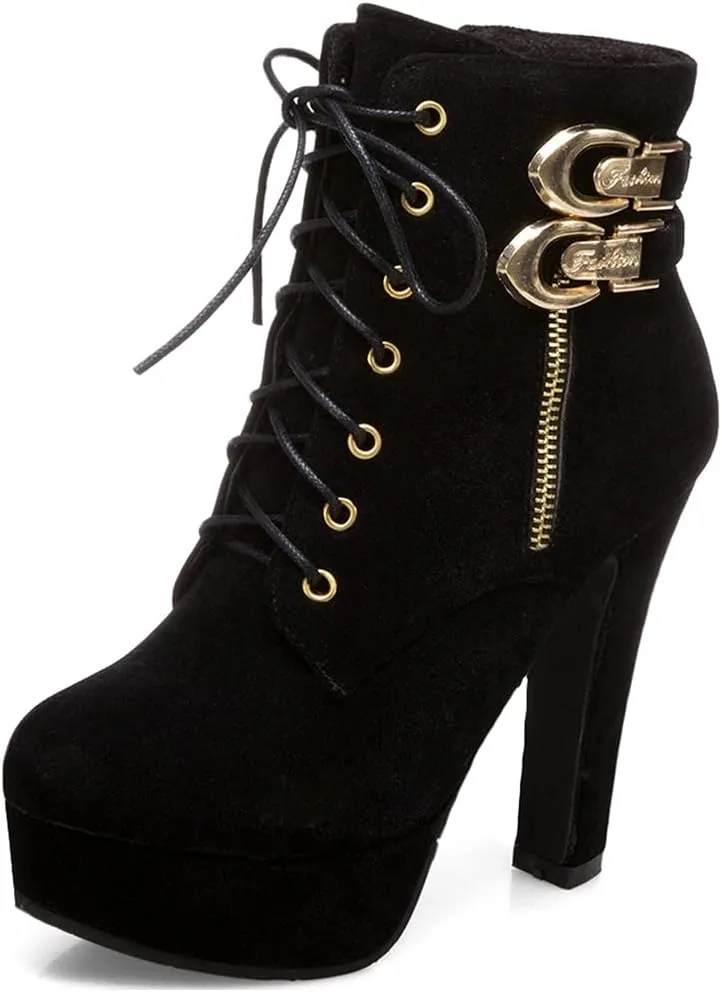 VOKLIN Women's Platform High Heel Ankle Boots Fashion Metallic Round Toe Lace Up Zipper Dressy Short Booties