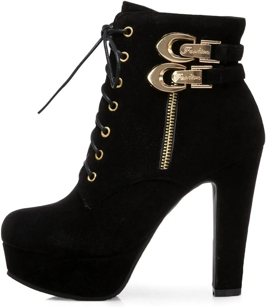 VOKLIN Women's Platform High Heel Ankle Boots Fashion Metallic Round Toe Lace Up Zipper Dressy Short Booties