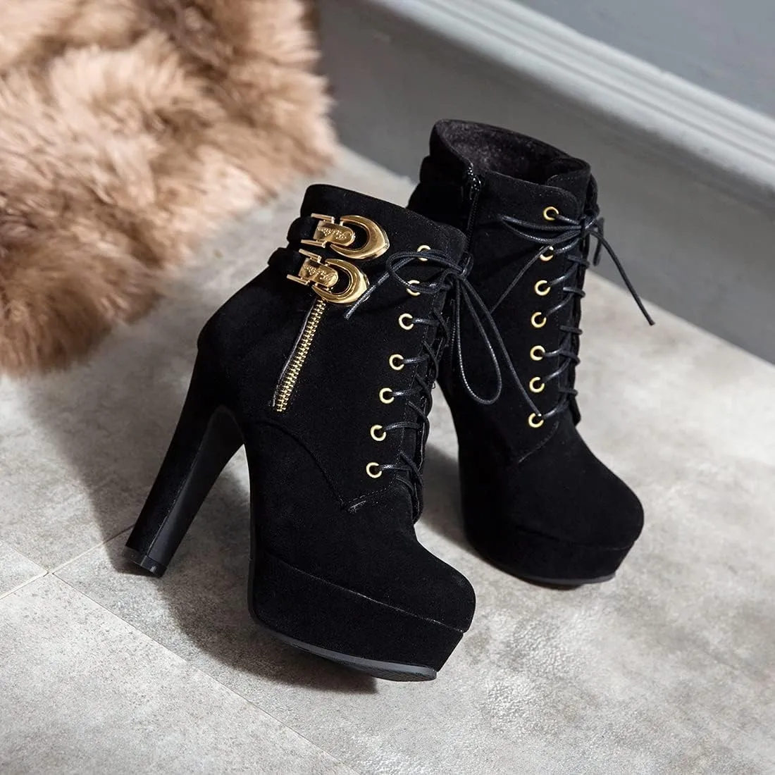 VOKLIN Women's Platform High Heel Ankle Boots Fashion Metallic Round Toe Lace Up Zipper Dressy Short Booties