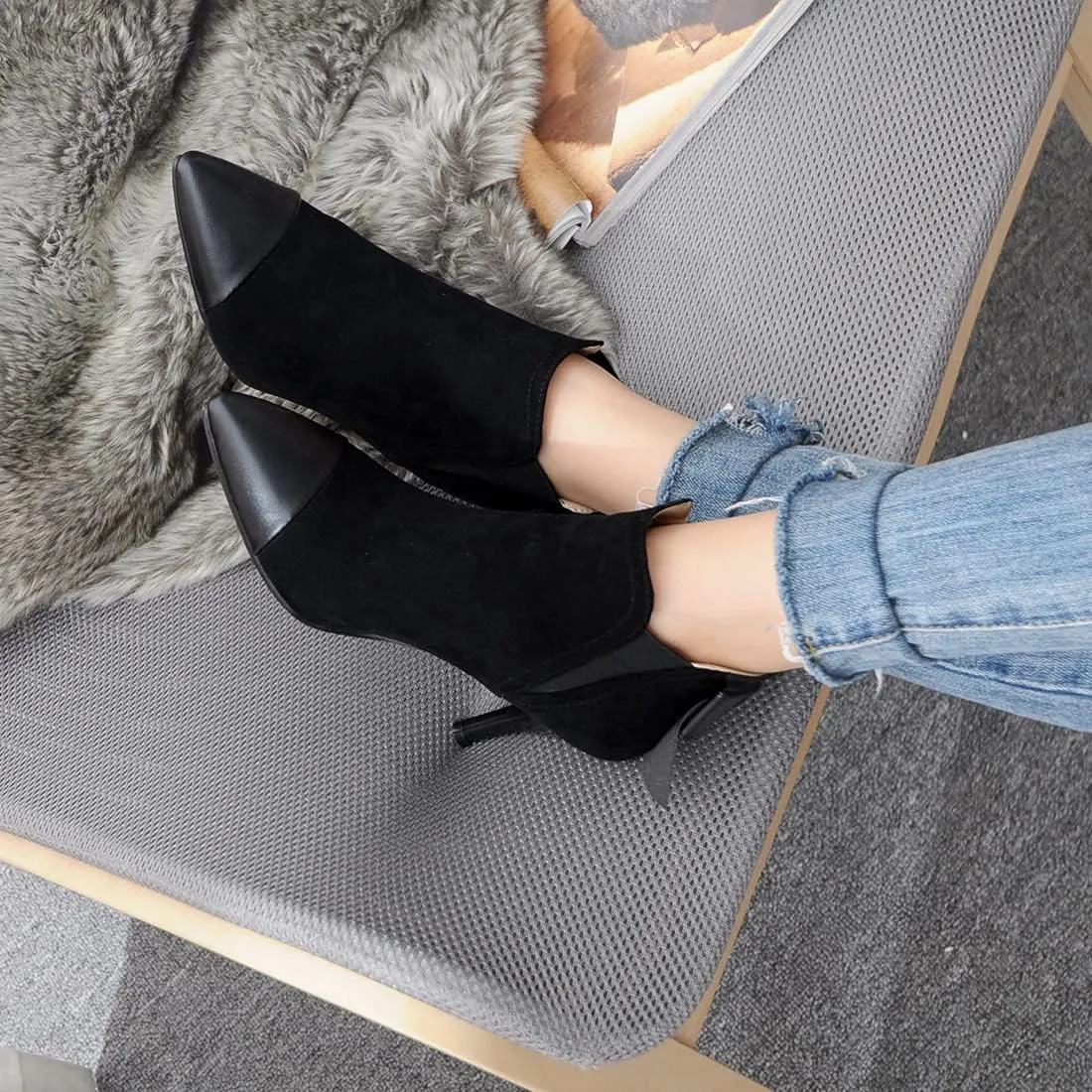 VOKLIN Women's Pointed Toe Dress Ankle Booties Fashion Bowtie Elastic Stiletto High Heel Elegant Short Boots