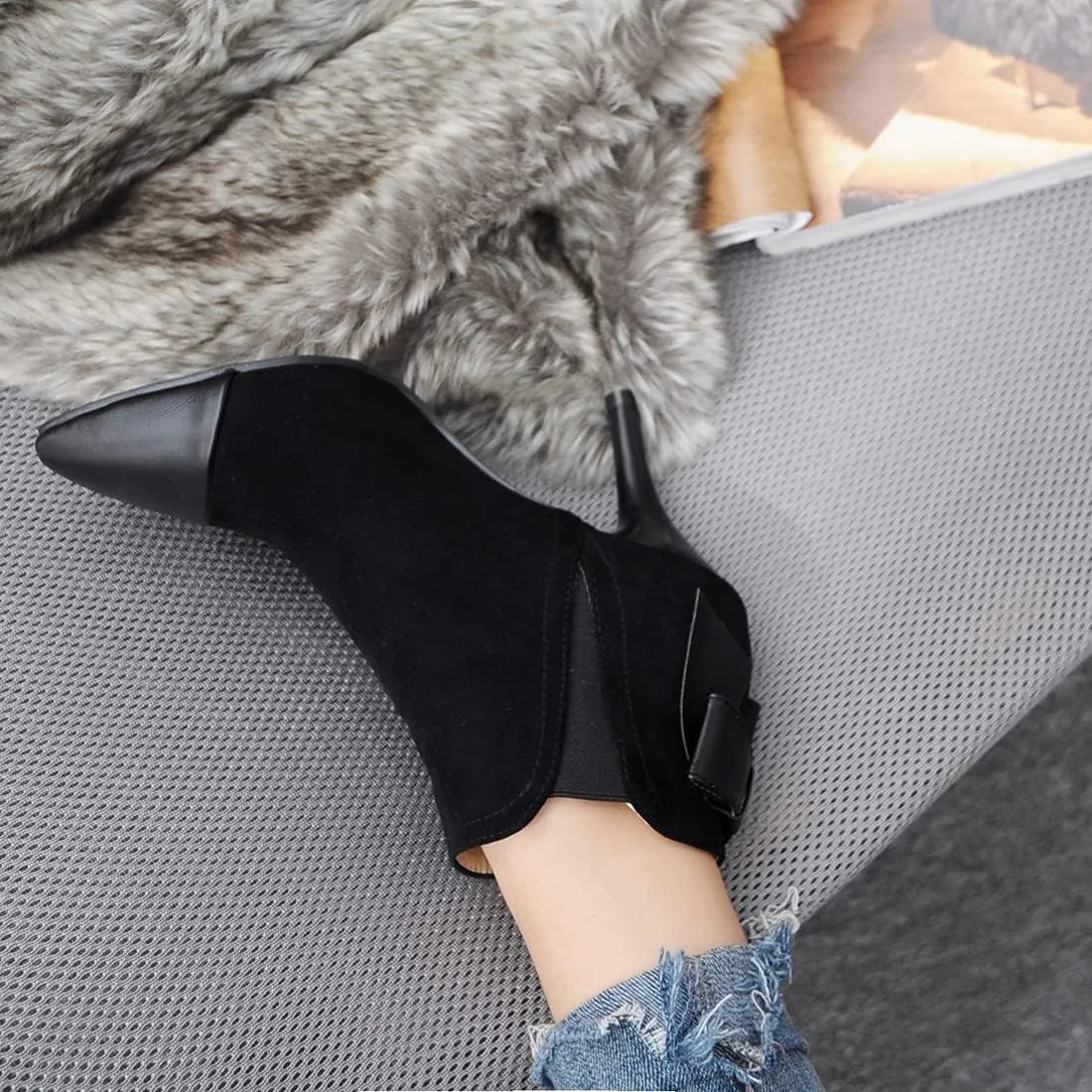 VOKLIN Women's Pointed Toe Dress Ankle Booties Fashion Bowtie Elastic Stiletto High Heel Elegant Short Boots