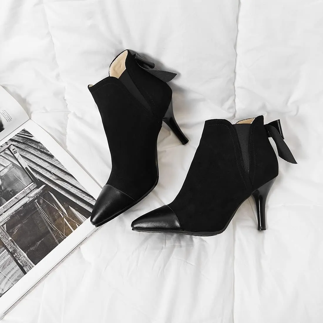 VOKLIN Women's Pointed Toe Dress Ankle Booties Fashion Bowtie Elastic Stiletto High Heel Elegant Short Boots