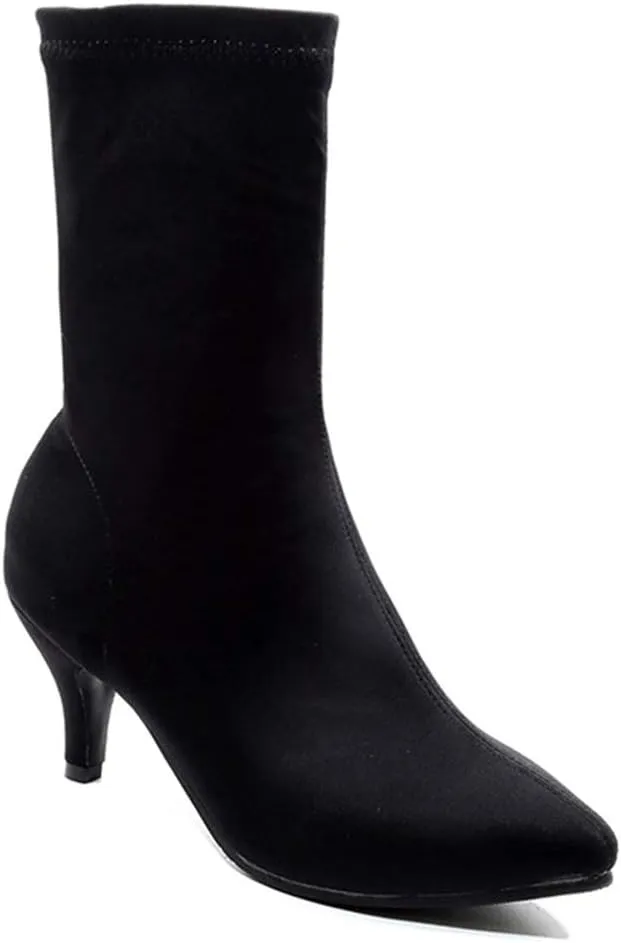 VOKLIN Women's Pointed Toe Stretch Ankle Boots Fashion Pull On Comfy Kitten Low Heels Dressy Short Booties