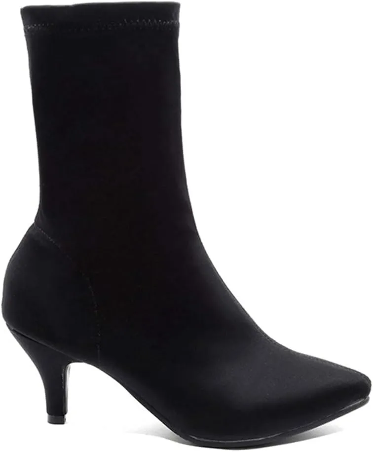 VOKLIN Women's Pointed Toe Stretch Ankle Boots Fashion Pull On Comfy Kitten Low Heels Dressy Short Booties