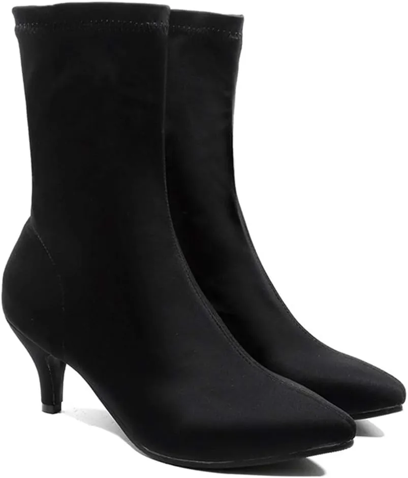 VOKLIN Women's Pointed Toe Stretch Ankle Boots Fashion Pull On Comfy Kitten Low Heels Dressy Short Booties