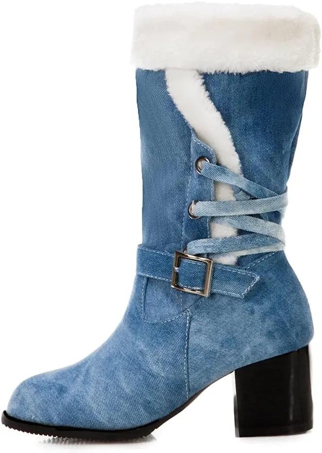 VOKLIN Women's Round Toe Denim Mid Calf Dressy Boots Buckle Fur Lace Up Chunky Block Mid Heels Snow Boots