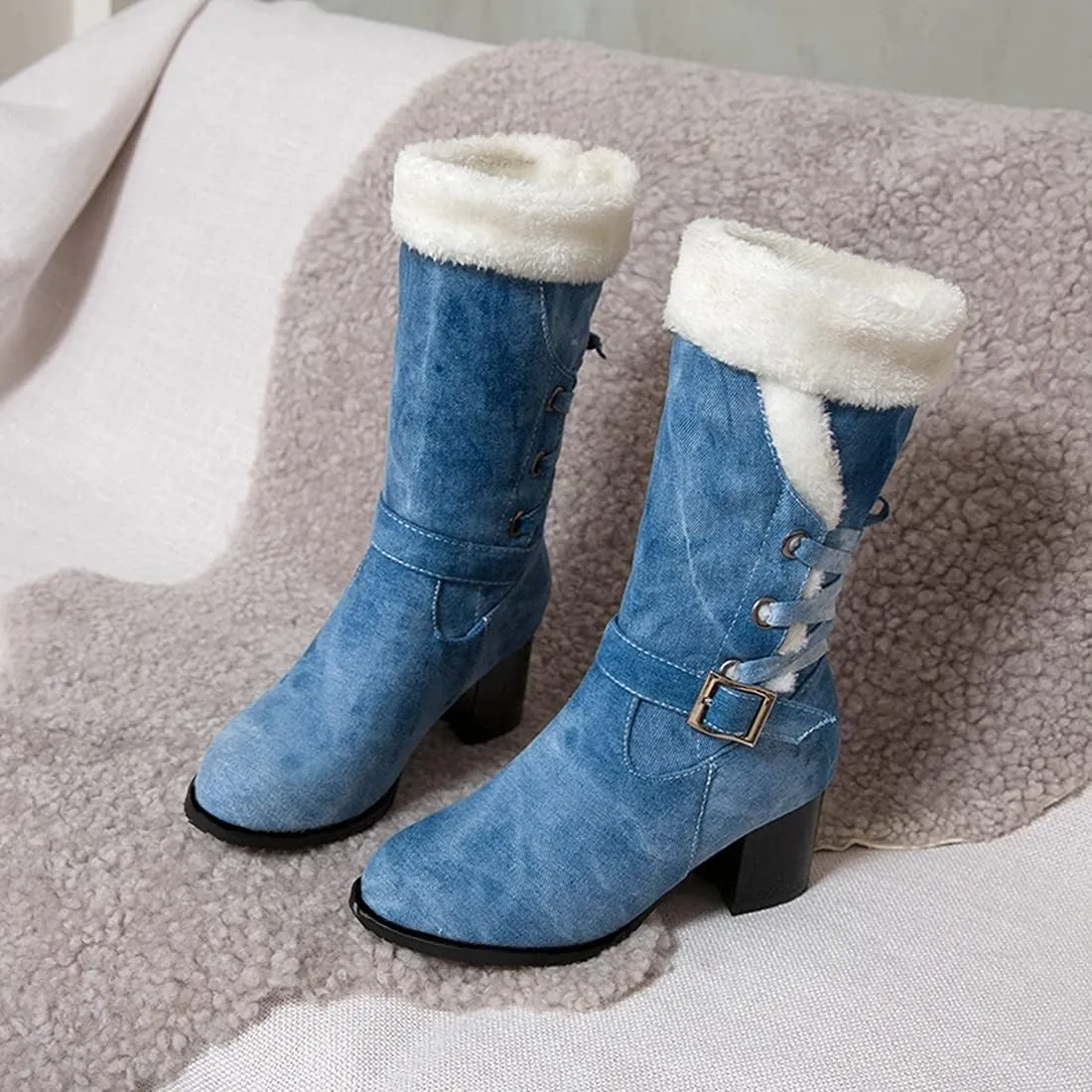 VOKLIN Women's Round Toe Denim Mid Calf Dressy Boots Buckle Fur Lace Up Chunky Block Mid Heels Snow Boots